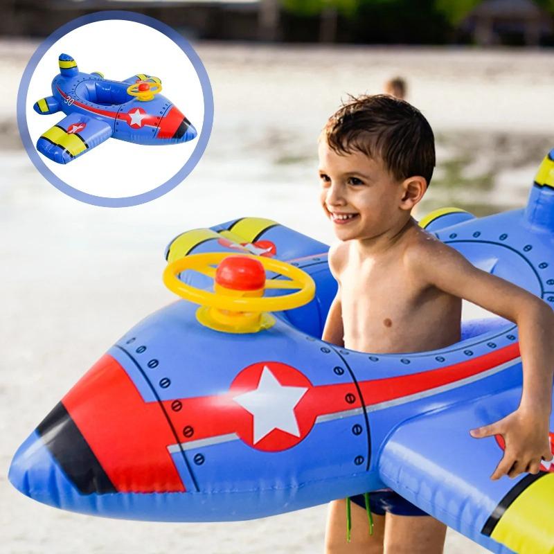 Kids Inflatable Airplane Pool Float with Steering Wheel, Anti-Flip Toddler Swimming Seat Ring for 1-6Y Boys Girls