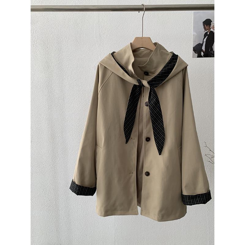 

Весенне-осеннее пальто с воротником-шарфом, двубортное, в стиле кэжуал, модное, женственное, с поясом, куртка, верхняя одежда, топ onesize абрикосовый