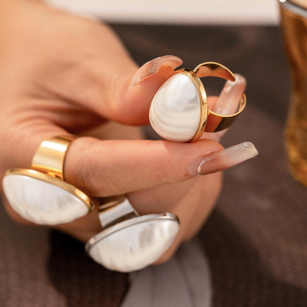 Oval Shell Pendant Necklace Open Ring Stud Earring For Women 18k Gold Plated Stainless Steel Chain Necklaces Rings Earrings Sets