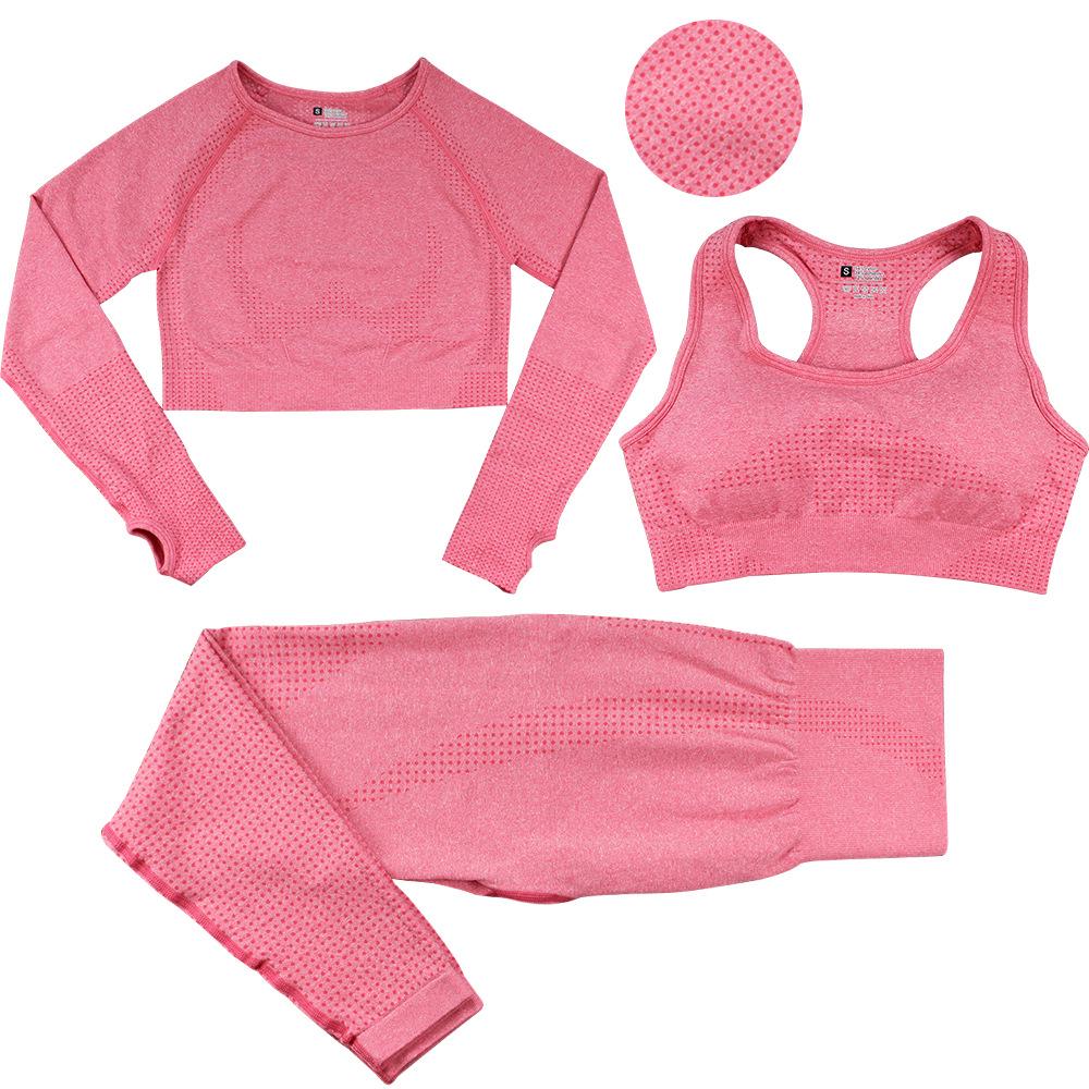 Sömlöst Jacquardprickigt Yogaset: BH, Långärmad Topp & Byxor för Kvinnor