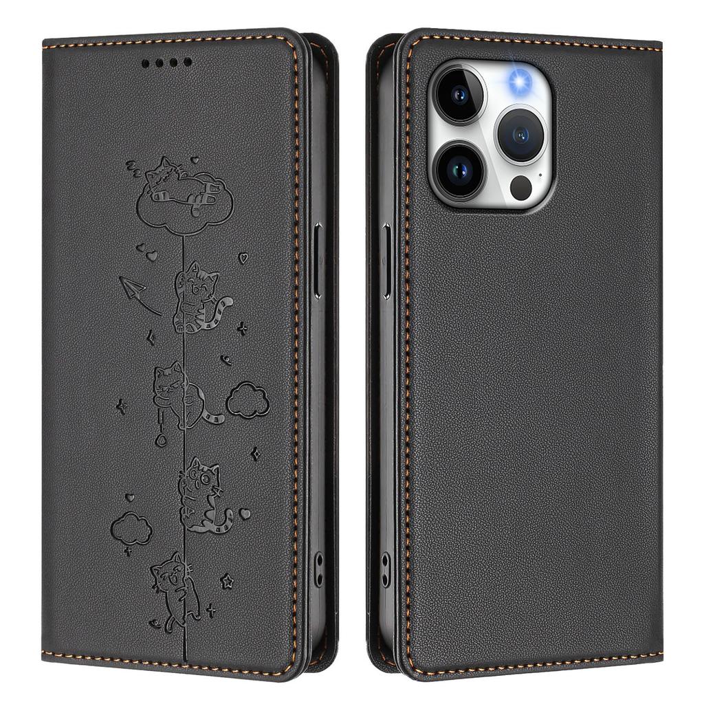 For iPhone 16 Pro Max Case RFID Blocking Wallet Stand Imprinted Cat Pattern Leather Phone Cover