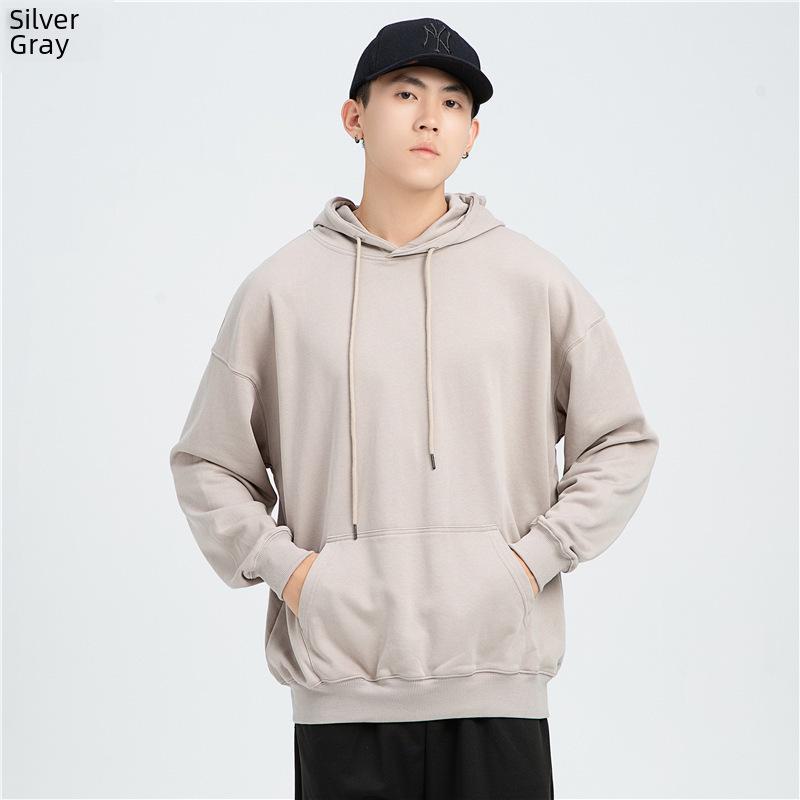 Men's Trendy Oversized Terry Hoodie - Solid Color, Drop Shoulder, Hong Kong Style Logo.