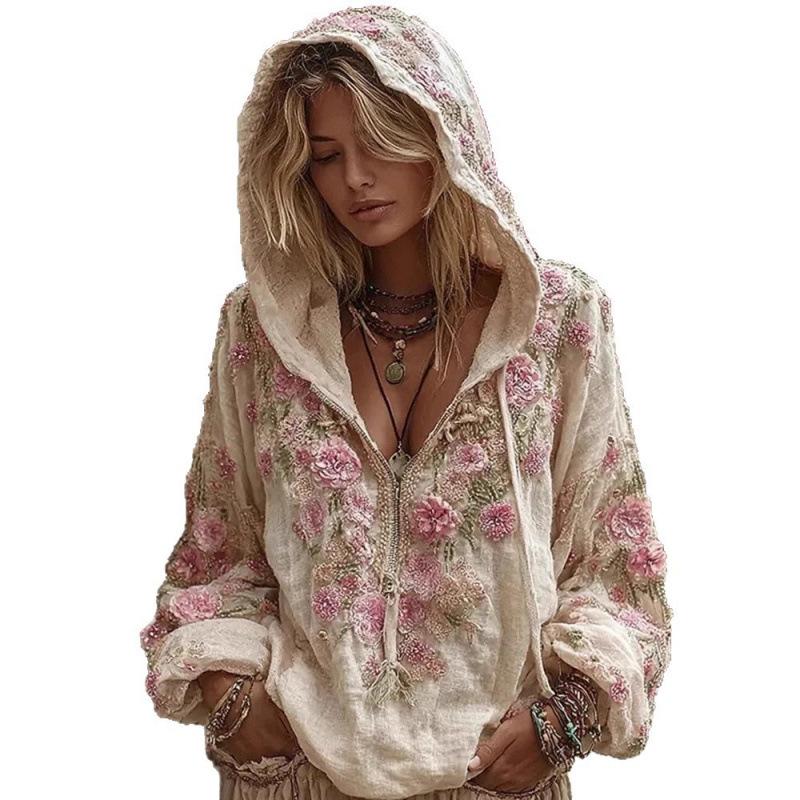 2025 Hooded Zip-up Sweatshirt with Trendy Japanese Cherry Blossom Art Print