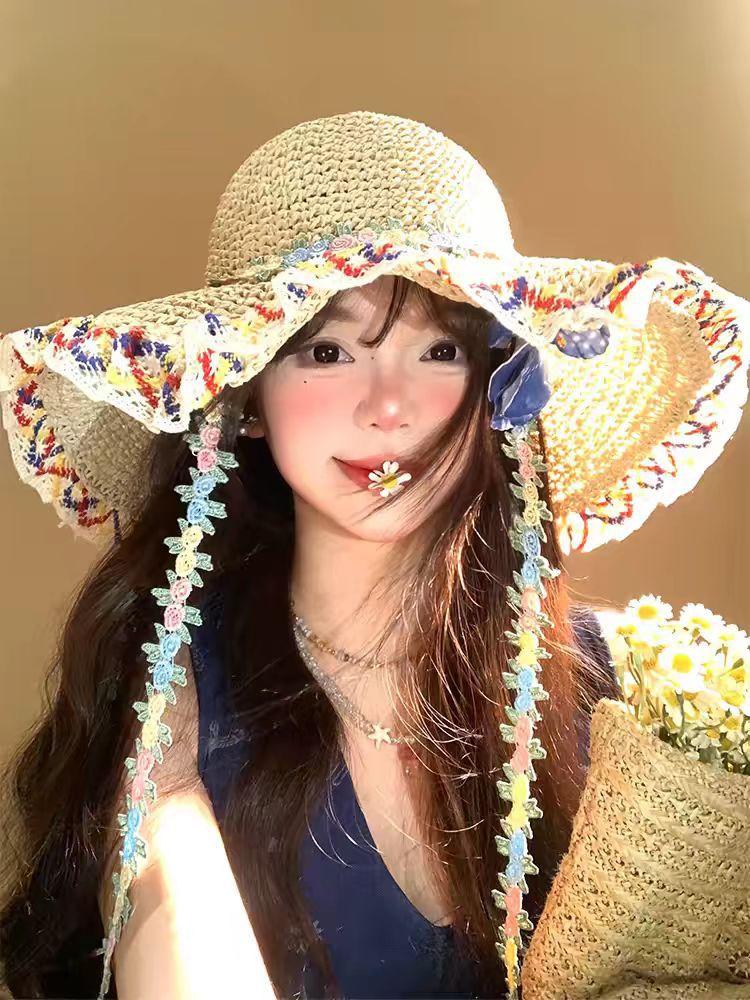 Straw hat women's summer new big-brimmed sun hat lace lace sunscreen seaside vacation hat breathable face