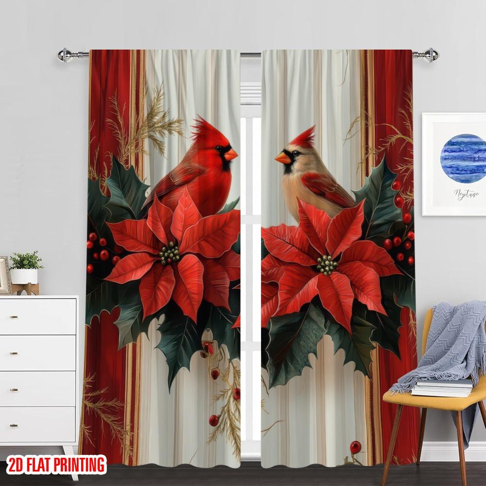 Set Of 2 Flat Printing Scene Curtain Flowers Red Pattern Light Filter Holiday Decorations Use Various Room Decor Aesthetic Polyester