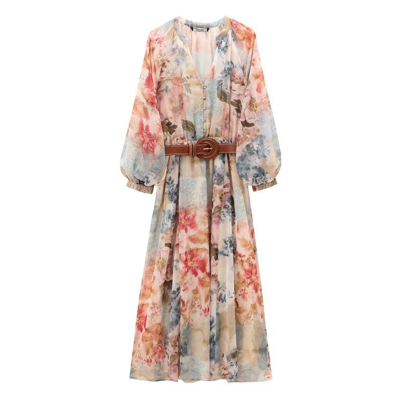 

Araltay Autumn New Women s Clothing Fashion Style with Belt Flowers Print Midi Skirt Dress 9116220 Color S