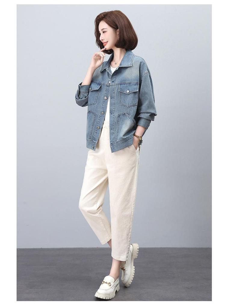 Women's Light Wash Soft Denim Lapel Jacket, Casual Loose Fit, 2024 New Autumn Style.