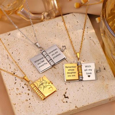 Stainless Steel Opening Book Pendant Heart Girls Text Locket Jewelry Accessories