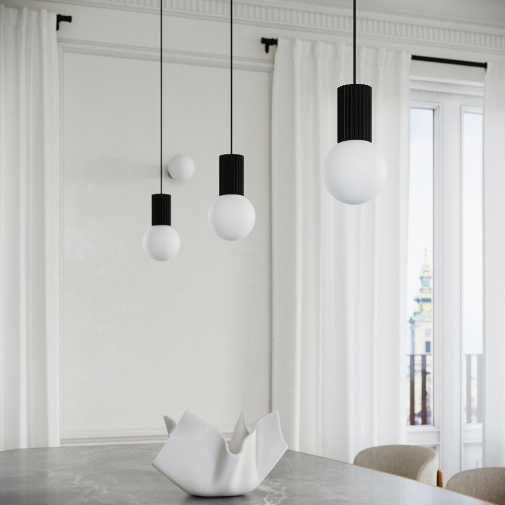 Lampa Wisząca Nowoczesna Czarna Ryflowana Szklana Biała Kula Do Salonu Jadalni Nad Stół 1Xg9 8W Halo Sollux Lighting