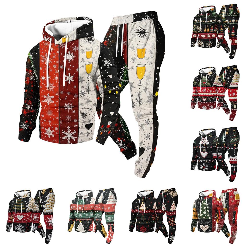 Men's Casual Christmas Print Lightweight Hoodie and Straight Leg Sweatpants 2 Piece Set for Holiday Celebration