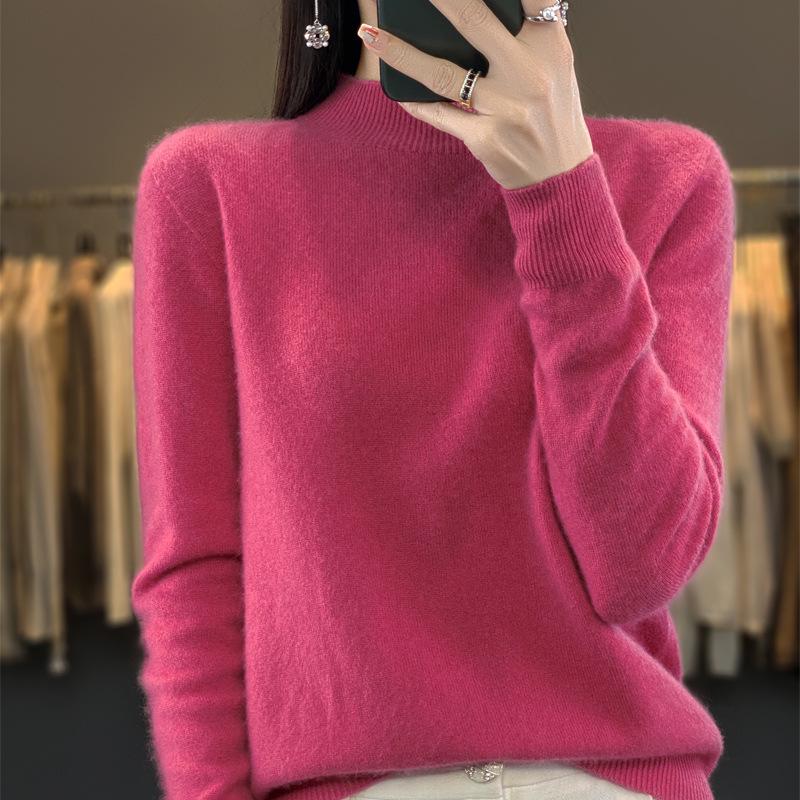 Women's Half-High Neck Wool Sweater Pullover - Loose Fit, Autumn/Winter Knitwear