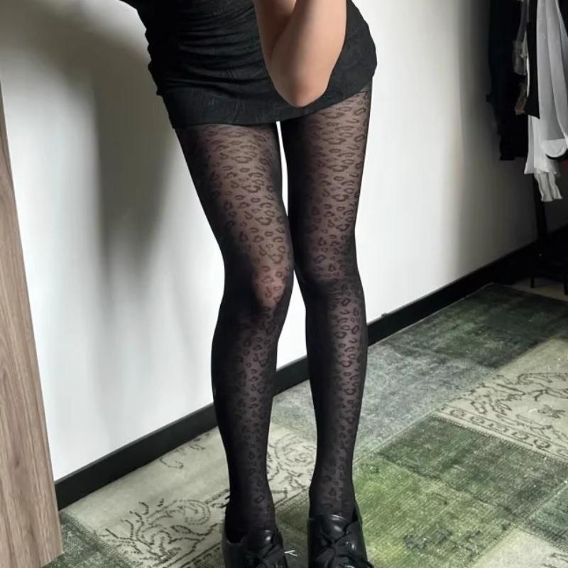 European and American Hot Girl Sexy Leopard Print Black Stockings Punk Style Jacquard Tight Fitting Seamless Pantyhose