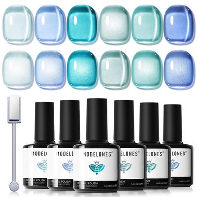 Modelones Magnetic Gel Cat Eye Gel Nail Polish Set with Magnetic 6 Colors Baby Baby 9D Cat Eye Glitter LED Salon Gift Starter Color Gel Nails Stick,