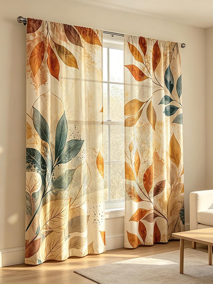 2PCS Teal Orange Autumn Leaf Curtains