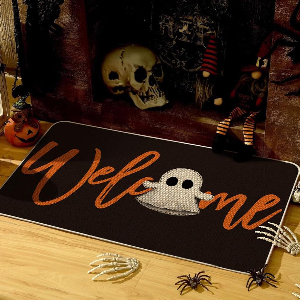 Halloween Ghost Pumpkin Crystal Velvet Carpet Non-Slip Waterproof Dirt-Resistant Floor Mat Indoor Decoration