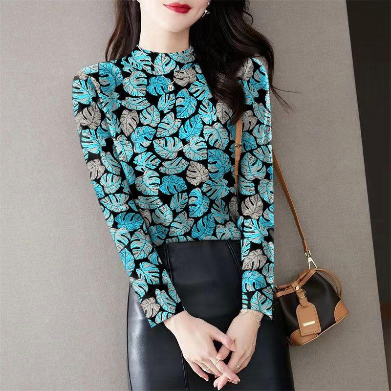 Tricou de damă cu mâneci lungi de toamnă-iarnă, imprimat cu catifea, tricou de bază cu guler semi-înalt, toamnă, slim, cald, din lână