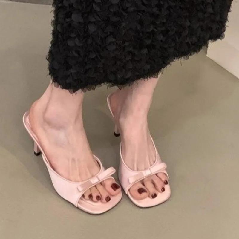Fashion Slipper Mules Low High Heels Shoes Summer Solid Color Females Square Head Open Toe Bow Strappy Sandals Women Heeled Slipper