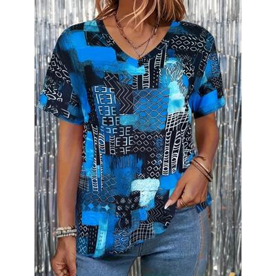 Women's T-Shirt V-Neck Short Sleeve Tops Vintage Geometry Graphic Print Loose Shirts Female Casual Shirt