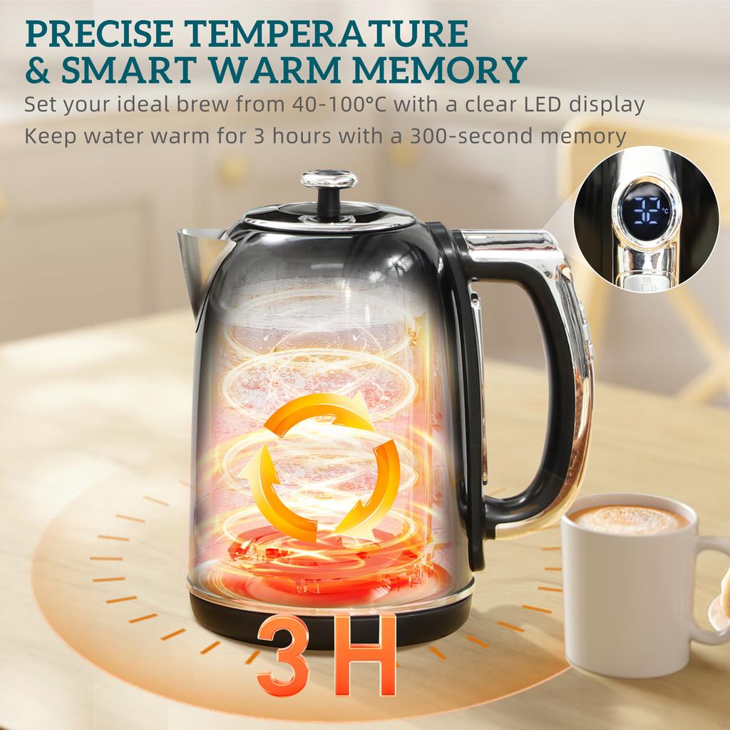 Polished Retro 40-100 degrees C Kettle and Toaster Set - Black