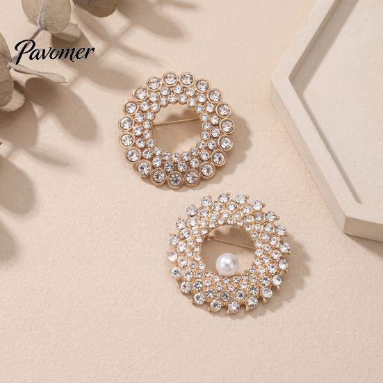Luxury Jewelry Accessories Hollow Rhinestone Ring Brooch Pin, Bling Circle Lapel Pin Decorative with Faux Pearl, Men Women Clothing