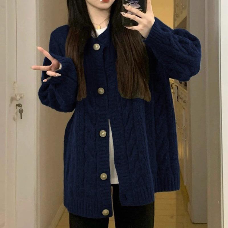 

Autumn and winter new soft waxy twist loose knitted cardigan women s simple and versatile retro sweater jacket tide one size fits all тёмно-синий