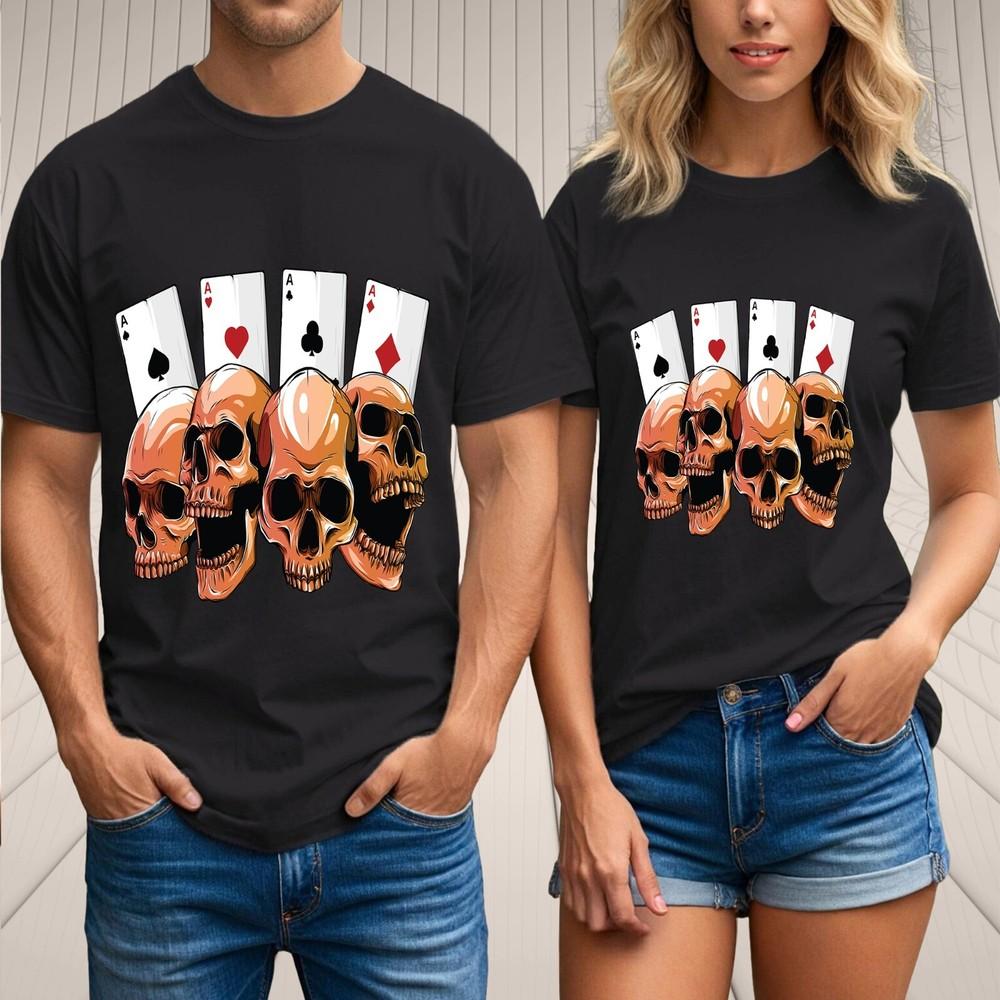 Skull and Aces T-Shirt–Four of a Kind Poker Card Tattoo Style Gothic Graphic Tee