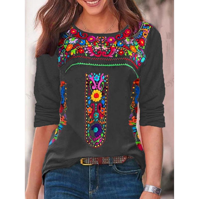 Vintage Flower 3d Graphic Print T-Shirt Women Fashion Casual Oversized Long Sleeve T-shirt Women Clothes Blossom Tops Tee Female