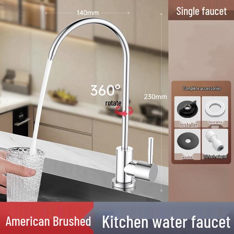 1/2 Inch Gooseneck Kitchen Faucet with Water Purifier - 304 Stainless Steel, Single Cold