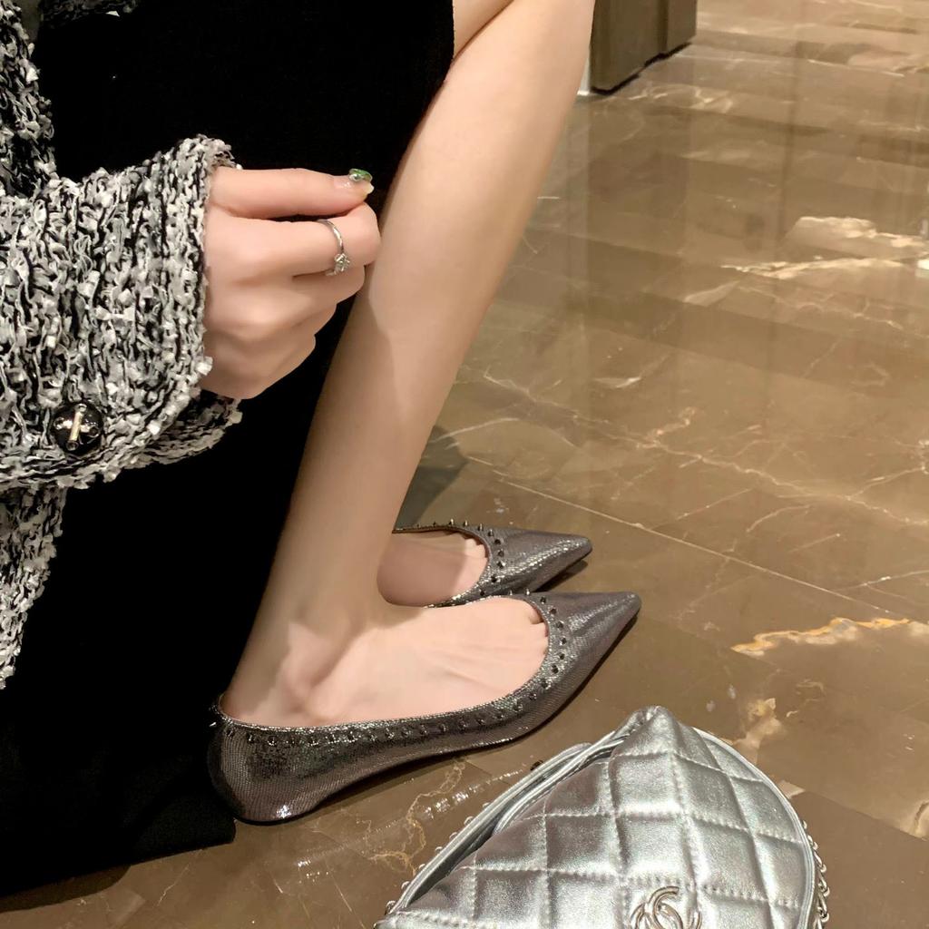 Cowhide version~ French rivet leather shoes shallow mouth single shoes women's pointed shoes gentle wind flat shoes evening ladyshoes