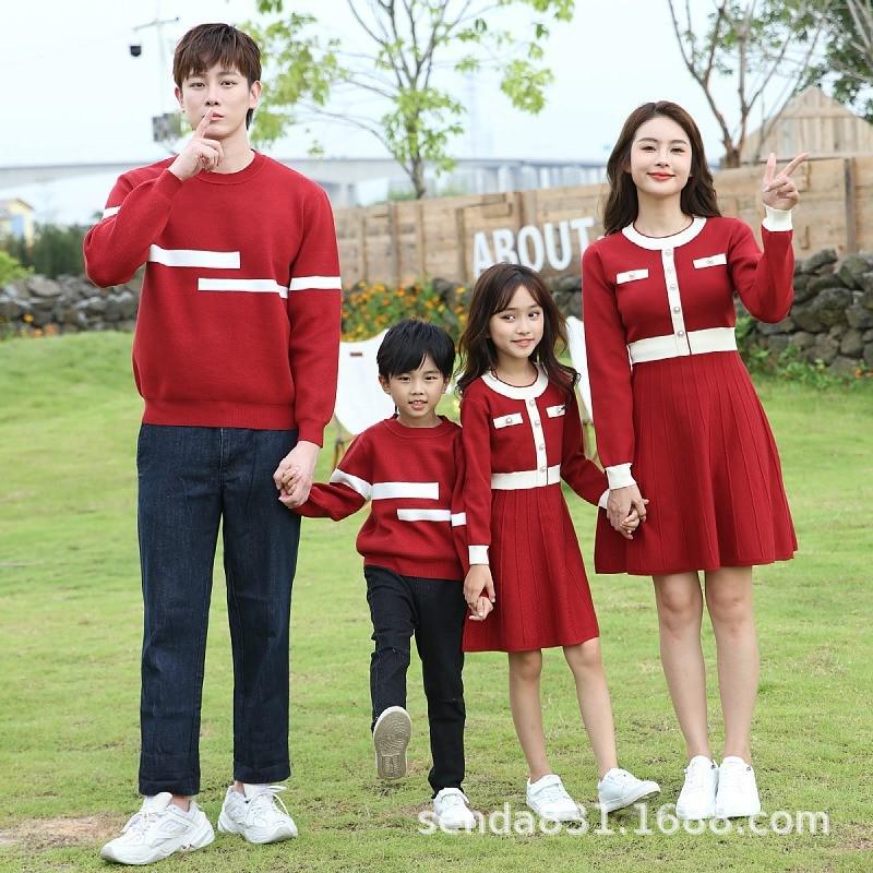 Stylish Red Family Matching Knitwear: Round Neck, Long Sleeve Mother-Daughter Dress for Autumn and Winter