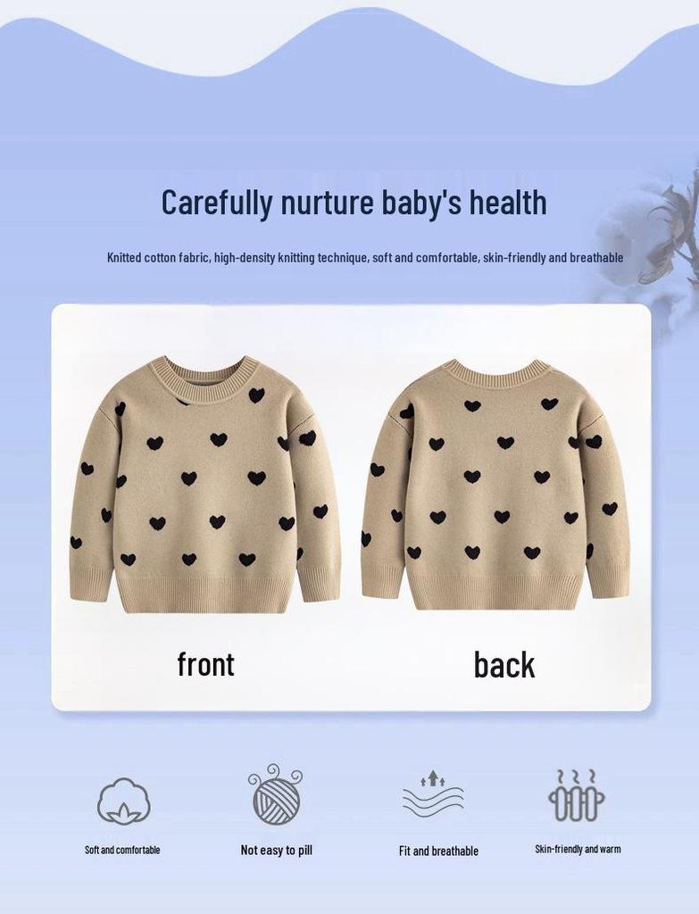 Girls' Heart Design Round Neck Long Sleeve Sweater - Korean Style Spring/Autumn Knitwear