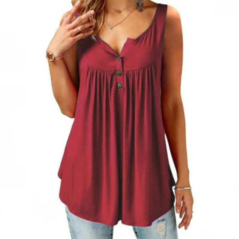 Eleganti Bluse Tunica Svasate da Donna con Scollo O e Volant in Chic Design Senza Maniche con Bottoni