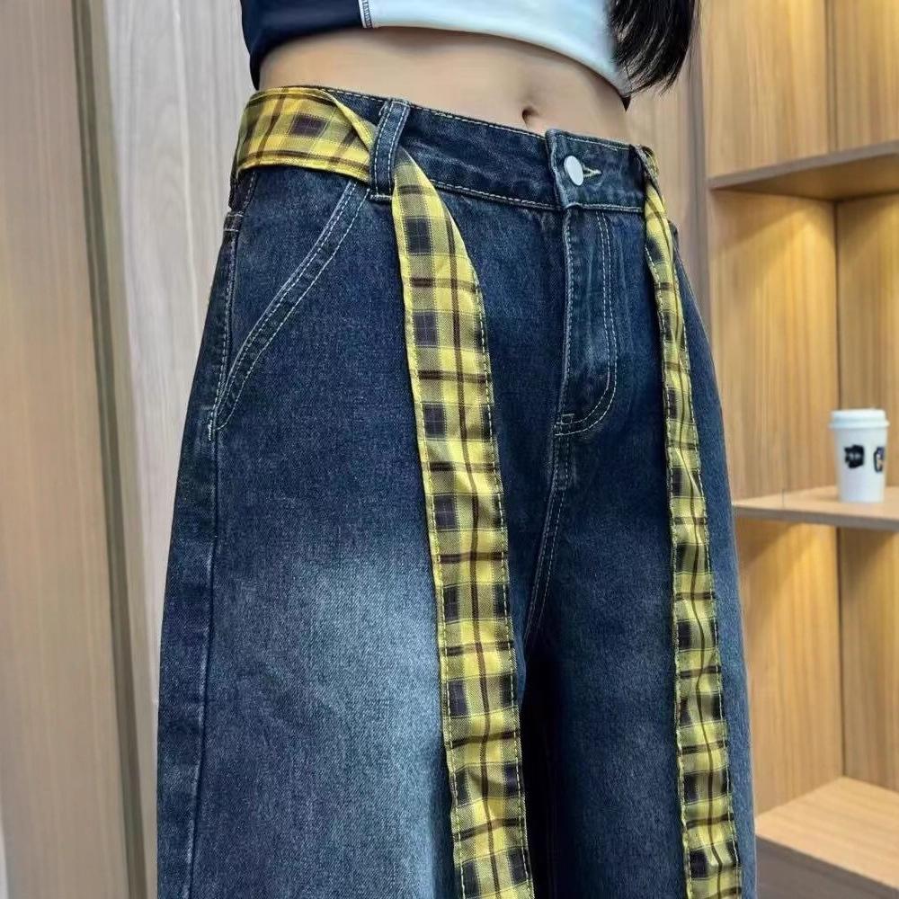 Autumn Plaid High-Waisted Wide-Leg Slimming Jeans for Women