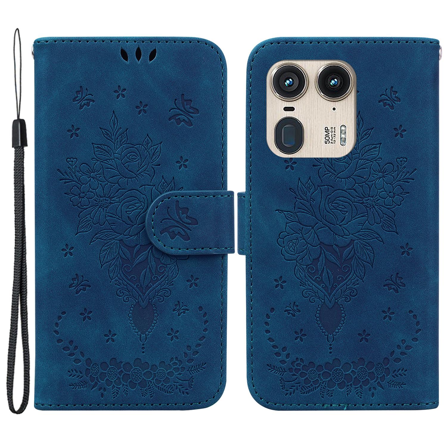 

For Motorola Edge 50 Ultra 5G/Moto X50 Ultra 5G Wallet Case PU Leather Phone Cover Butterfly Flower Imprint Blue