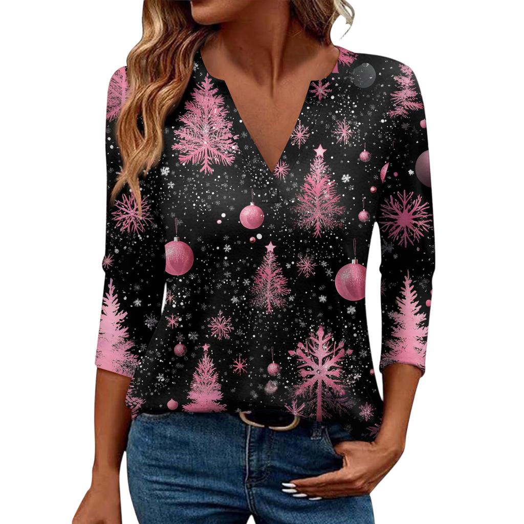 Women's Casual Fashionable Sexy Comfortable V-Neck Christmas Three-Quarter Sleeve Top