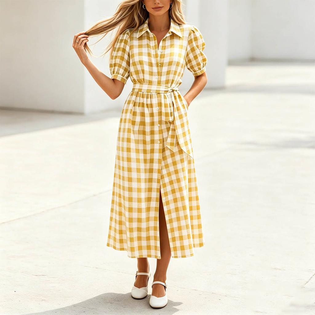 Women Casual Shirt Dress Midi Length Button Front Dress with Belted Waist and Short Sleeve Turn Down Collar Plaid Pattern