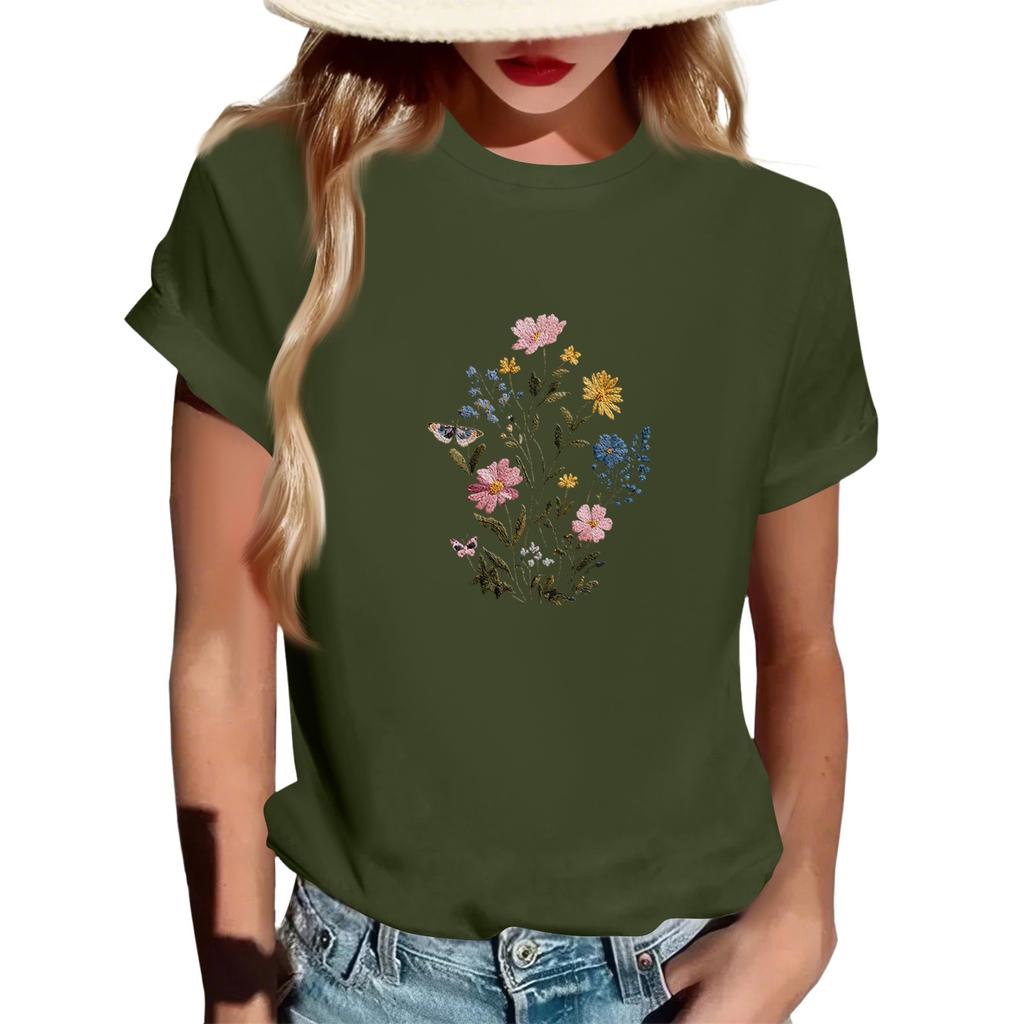 Women's Fashionable Round Neck Casual Retro Print Short Sleeved T-shirt Top