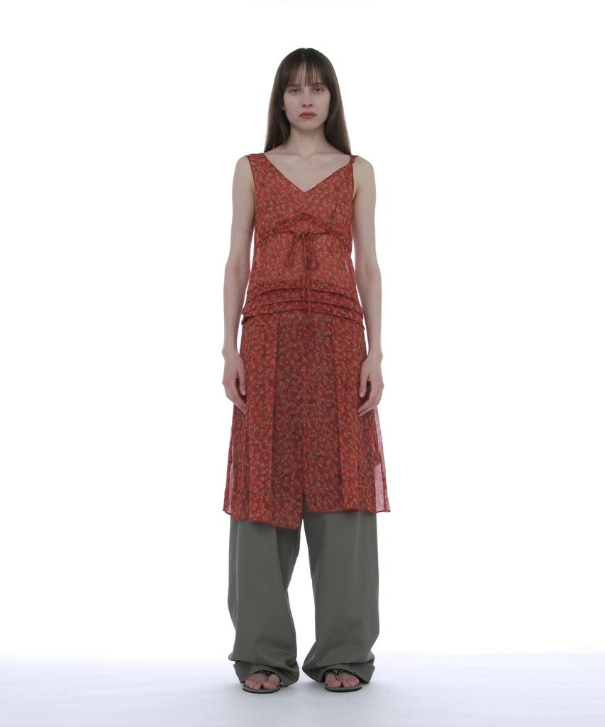 Partimento Woman Floral Pleated Sheer Midi Dress_Red