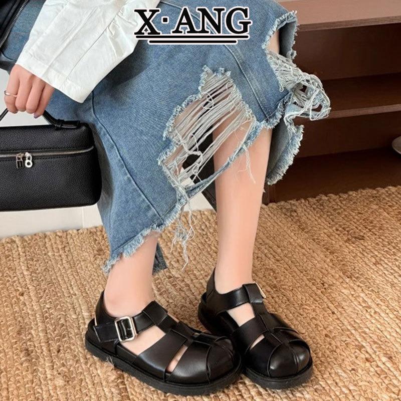 

Cowhide version bag head sandals women s shoes summer new thick-soled woven pig cage shoes hollow hole shoes 40