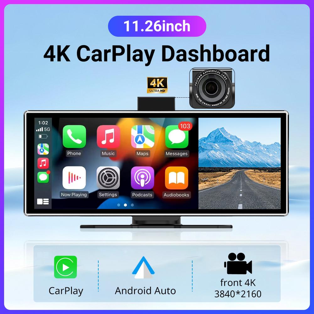 

NEW 11.26 inch 4K DVR Wireless CarPlay and Android Auto Portable Dash Cam IPS Touch Screen Bluetooth Audio Dual Lens Recorder