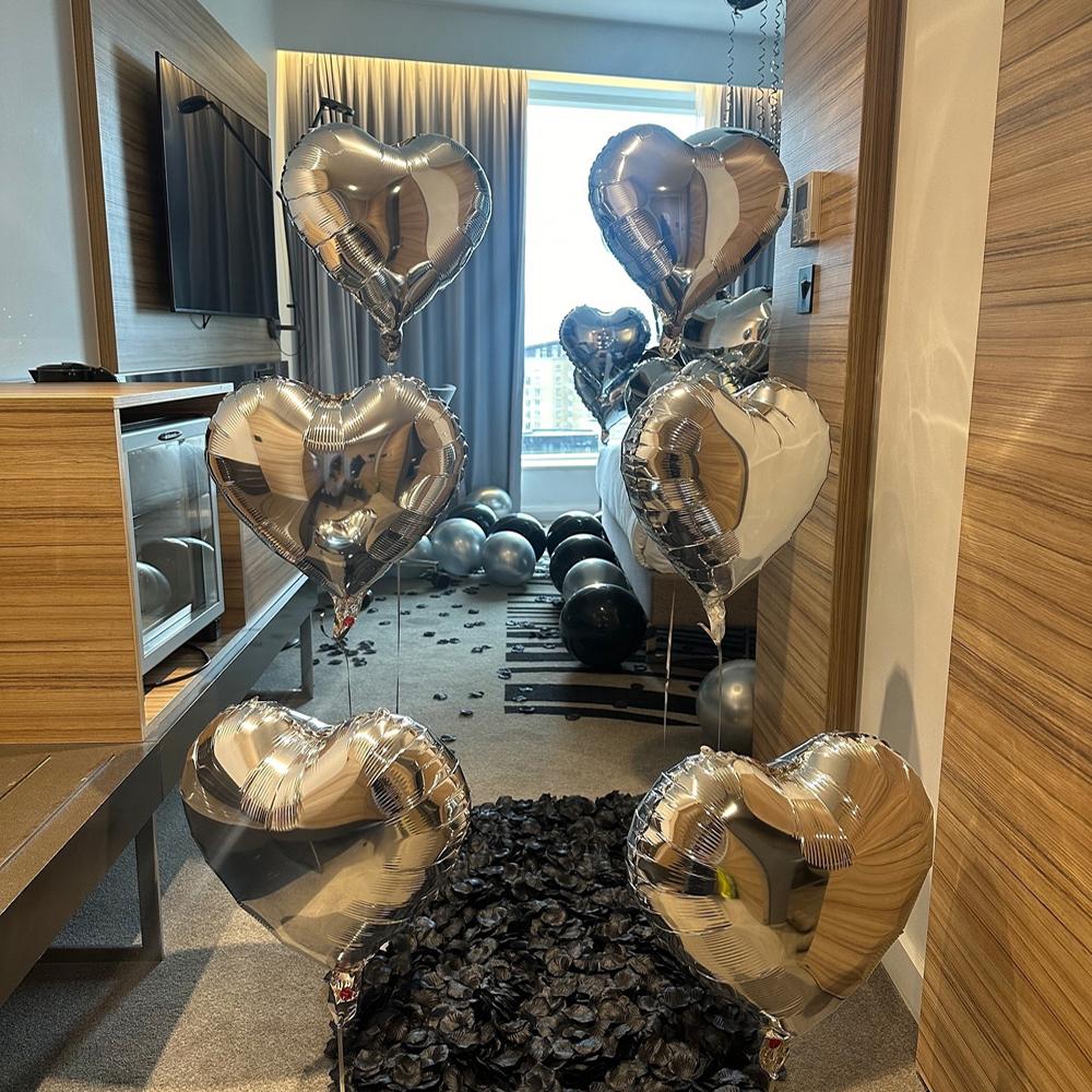 Black Silver Party Birthday Banner Heart-Shaped Aluminum Foil Balloon Rose Petals, Birthday, Anniversary, Atmosphere Decoration