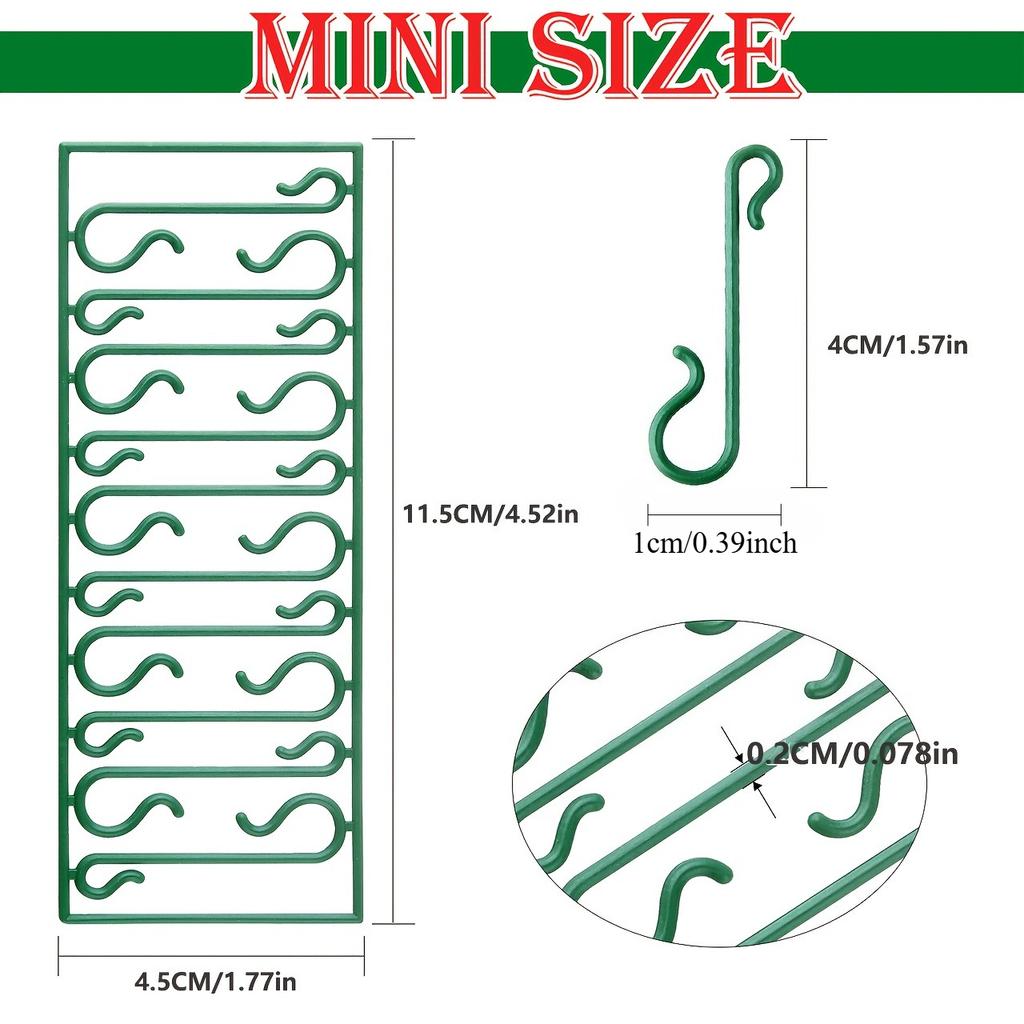 100pcs Durable Plastic Ornament Hooks Reusable Green Mini Tree Decoration Hangers for Lights Balls - for Holiday Decorations