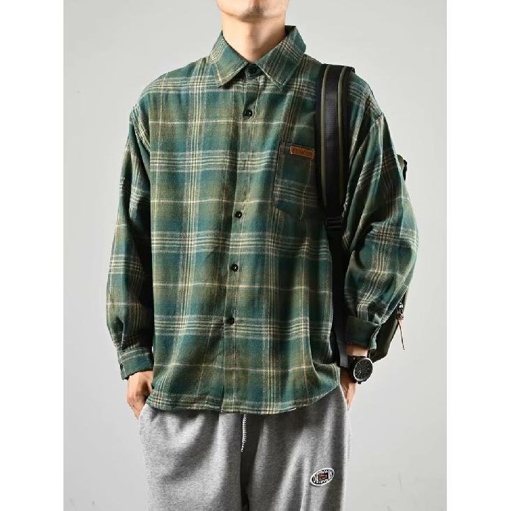 Japanese Style Retro Plaid Shirt Women's Lapel Long-Sleeved Shirt Cashmere Short Coat Couple's Loose Version Spring and Autumn Fashion