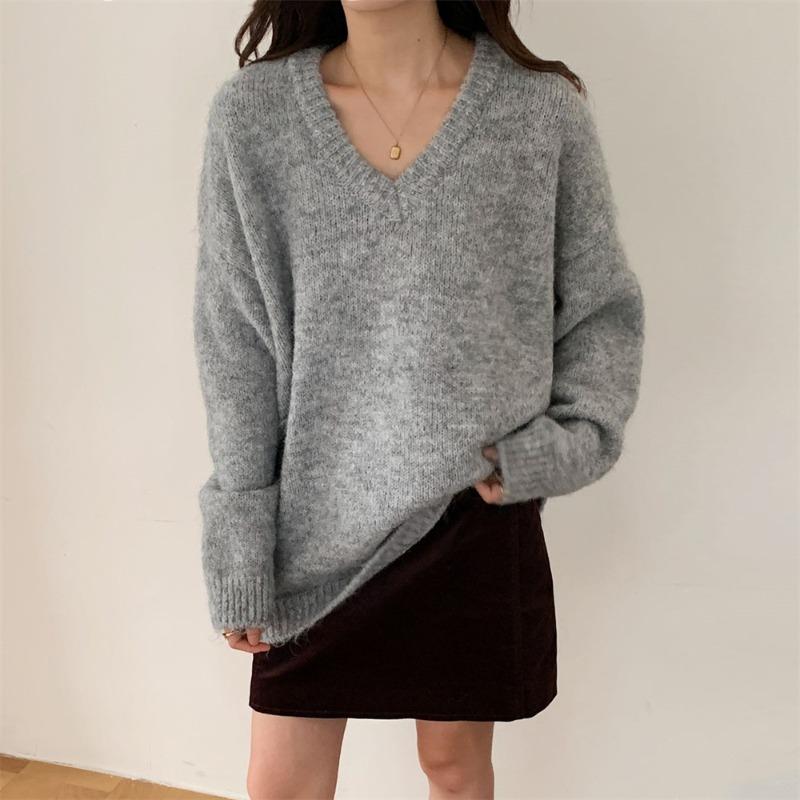 Gentle wind soft waxy neck pullover sweater women's autumn and winter new loose large size simple lazy wind knitted sweater top