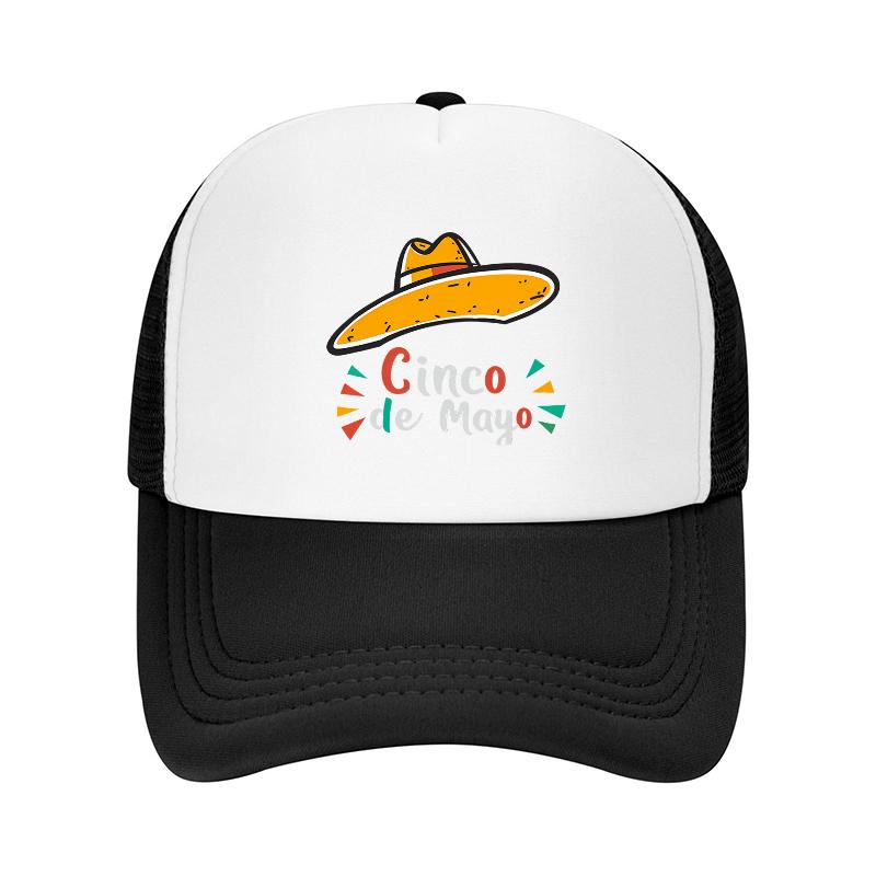 Cinco De Mayo Sombrero Mesh Trucker Hat White Black Colorful Design Breathable Adjustable Cap for Festivals and Celebrations