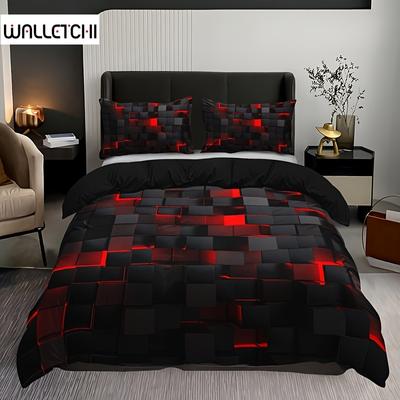 Bed Cover Collection (1*Bed Cover+2*Pillowcase), Red Grid Print Pattern Bed Linen Collection Cozy Comfortable Bed Cover For Bedroom