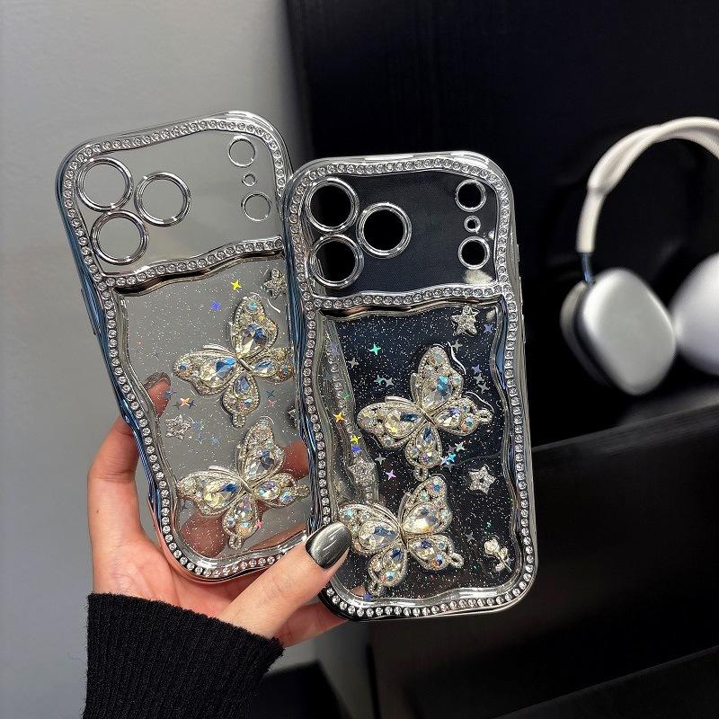 Wave edge rhinestone butterfly mobile phone case, suitable for Apple 11Pro protective case, transparent glitter iPhone11Pro