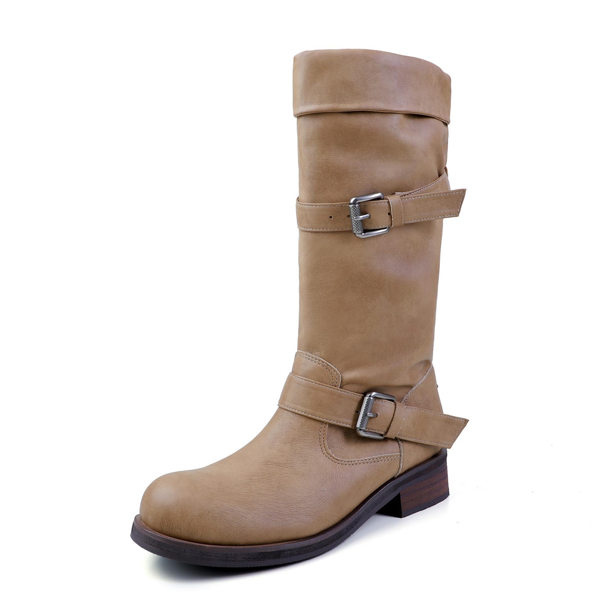 

New spot retro old fashion boots women s 2025 new belt buckle middle tube stack boots polished thick heel round 40 хакі