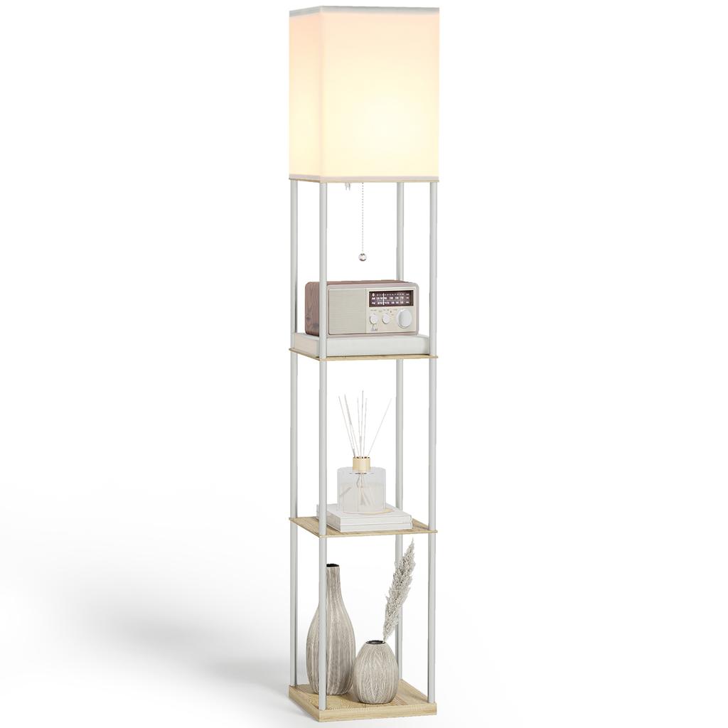 Modern Metal Floor Lamp With Shelves 3 Layer Shelf Tall Standing Lamp With Fabric Lampshade Pull Chain Switch For Living Room Bedroom Bulb Not