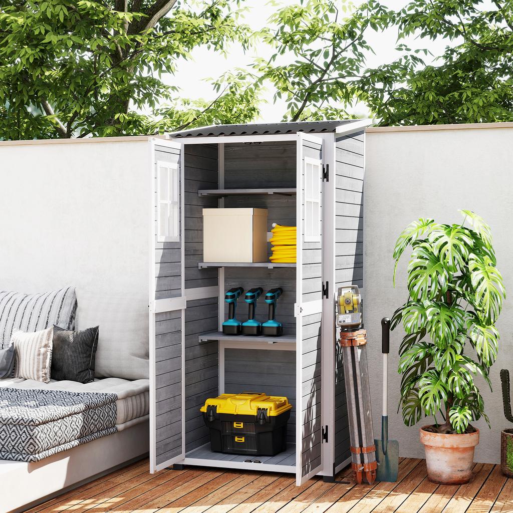 Wooden Garden House with Adjustable Shelves, Two Doors with Lock and Windows, Grey